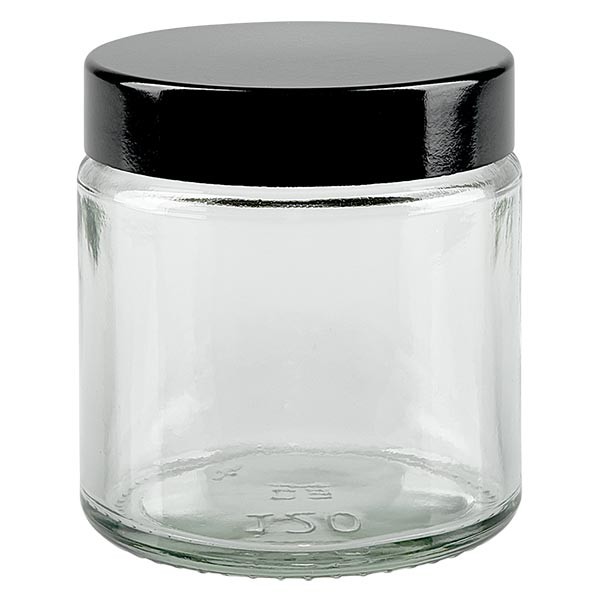 120 ml glaskrukke klar, med sort bakelitlåg ApoGlas. Farmaceutisk kvalitet fra EU-produktion. Fødevaresikker. Elegant præsentation af indholdet. 120 ml glaskrukke klar, med sort bakelitlåg ApoGlas. Farmaceutisk kvalitet fra EU-produktion. Fødevaresikker. Elegant præsentation af indholdet.