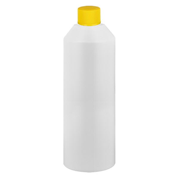 Apoteksflaske HDPE 250 ml hvid, med gul SV Apoteksflaske HDPE 250 ml hvid, med gul SV