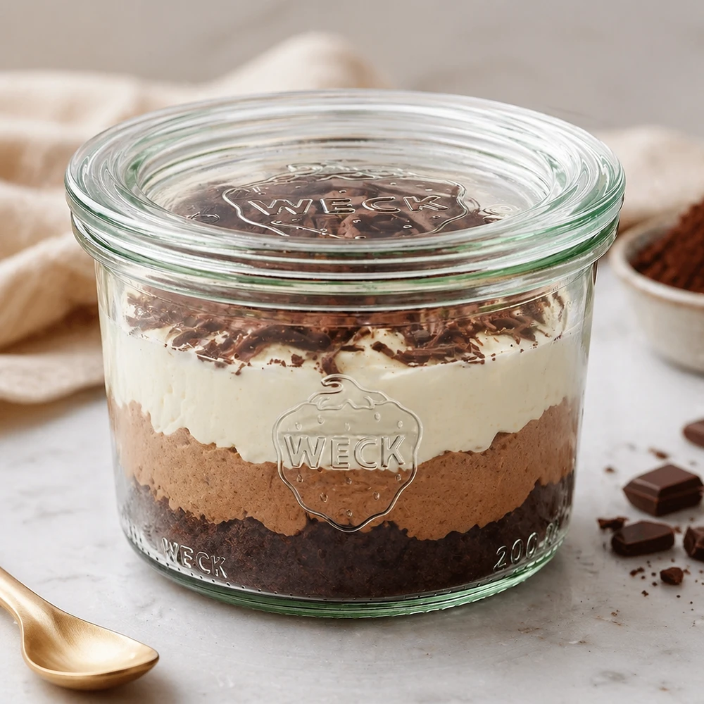 200 ml Briller med glaslåg WECK RR80 WECK-bægre 200 ml RR80 fyldt med lagdelt dessert viser alsidig brug som dessertglas og serveringsskål
