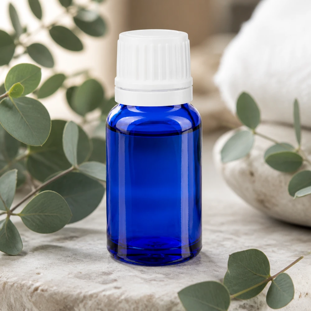 Apoteksflaske blå 10 ml skruelåg hvid OV Blå 10 ml apotekerflaske med hvid OV-lukning (11 mm) til aromaterapi og naturkosmetik