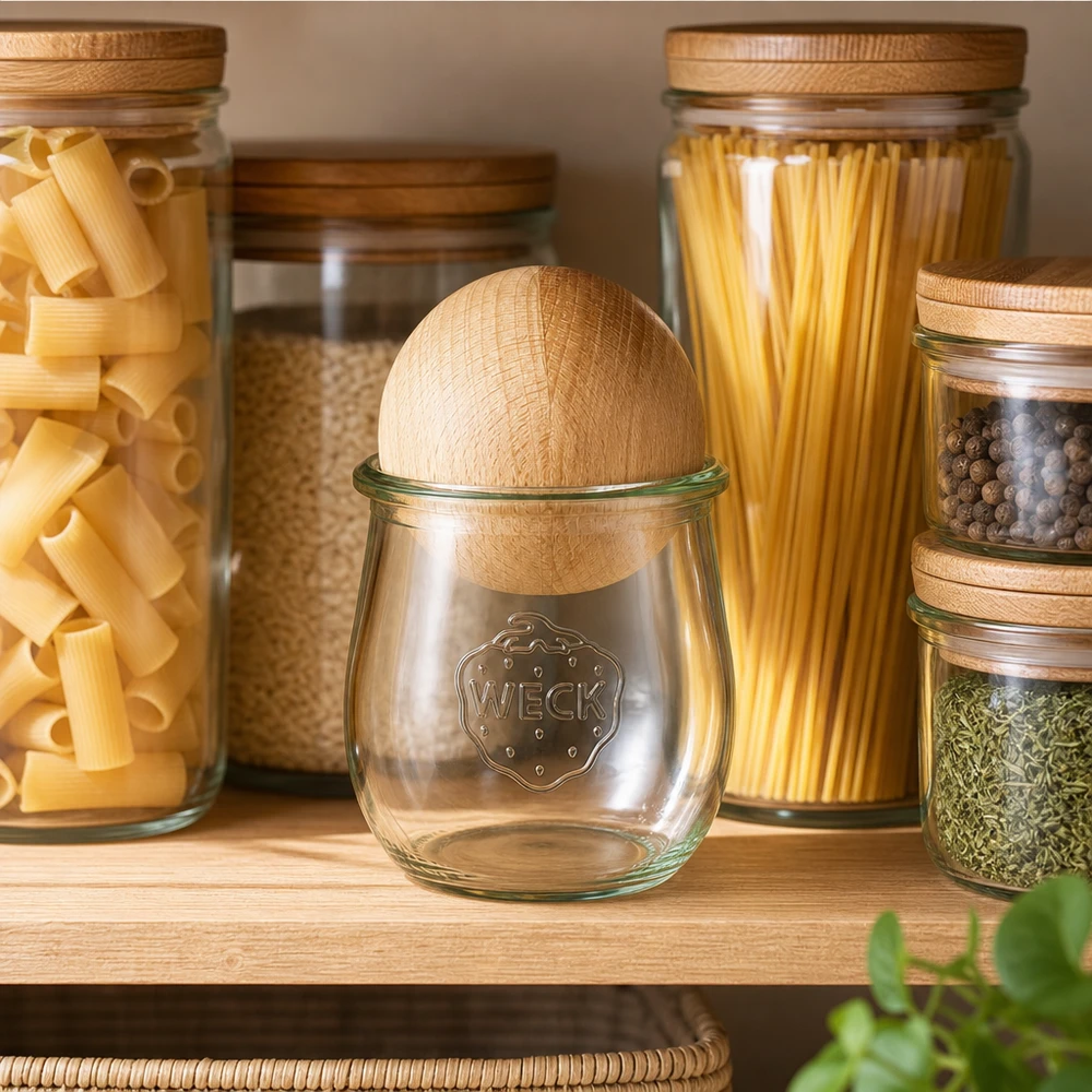 220 ml tulipankrukke WECK RR60 med trækugle bøg WECK tulipankrukke 220 ml RR60 med kuglelåg i bøg i moderne opbevaringskøkkener ved siden af pasta- og krydderikrukker