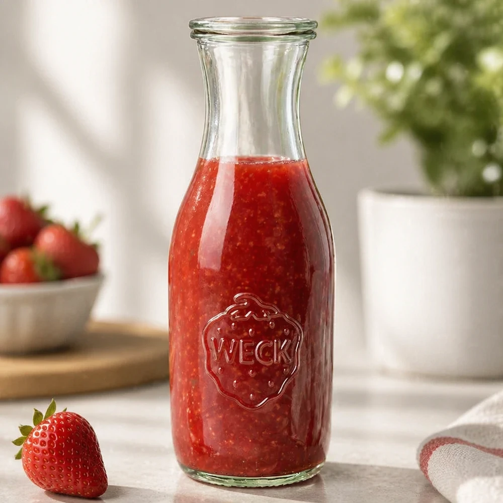 1062 ml saftflaske med glaslåg WECK RR60 WECK juiceflaske 1062 ml fyldt med frisk jordbærsaft på køkkenbordet ved siden af et enkelt jordbær og en plante