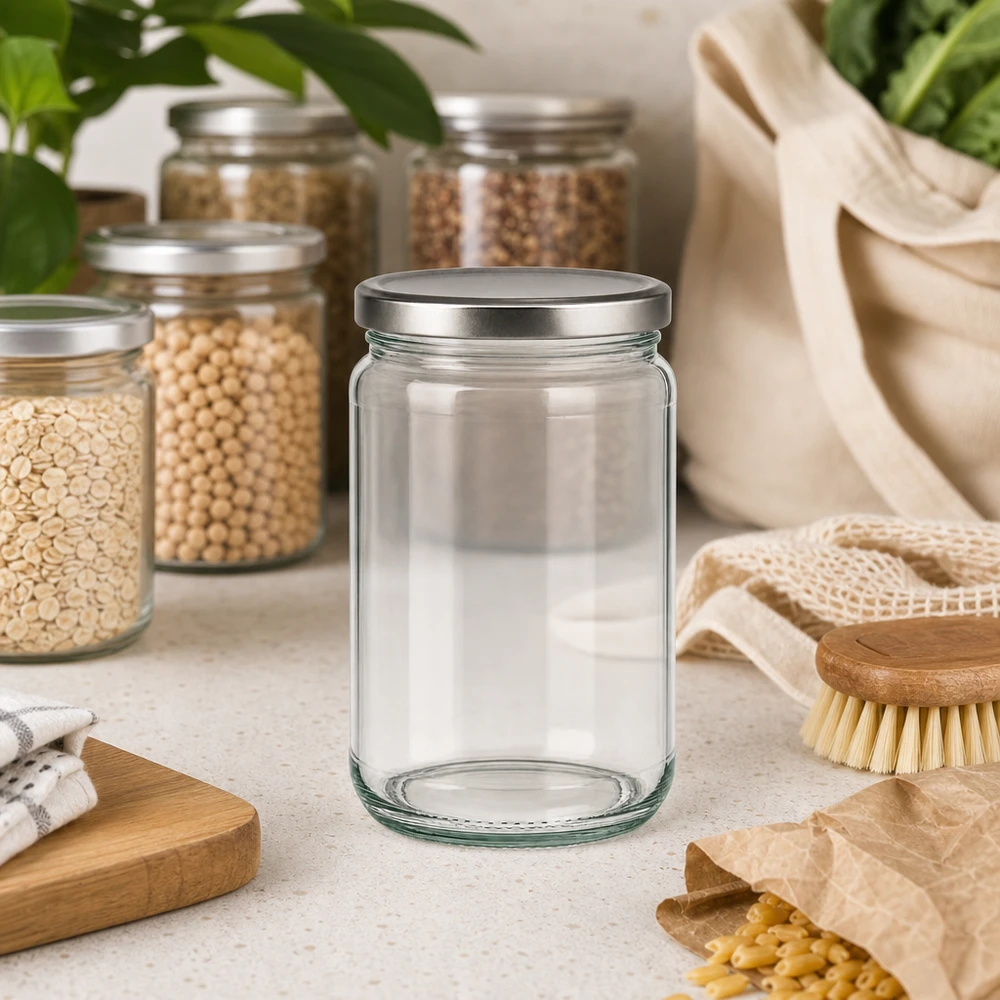 305 ml rund krukke med BasicSeal-låg sølv UNiTWIST 305 ml rund krukke tom med BasicSeal-låg i bæredygtigt zero waste-køkken med opbevaringskrukker og øko-produkter