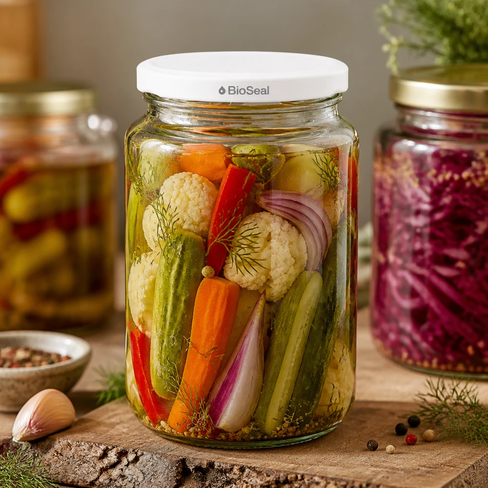 UNiTWIST Runda382 med hvidt låg TO66 BioSeal UNiTWIST Runda382 krukke fyldt med syltede grøntsager - Blandede pickles i konservesglas med hvidt BioSeal-låg
