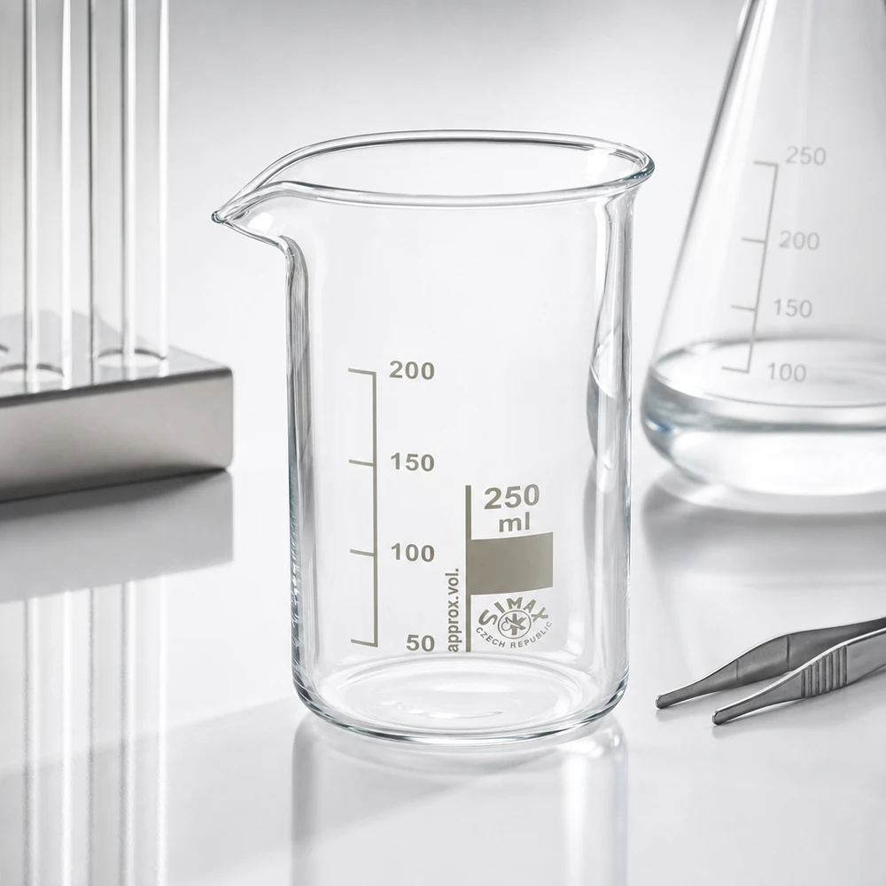 Bæger 250 ml borosilikatglas, høj form Simax-bæger, 250 ml, høj model, borosilikatglas med tud, ved siden af en Erlenmeyer-kolbe og en pincet