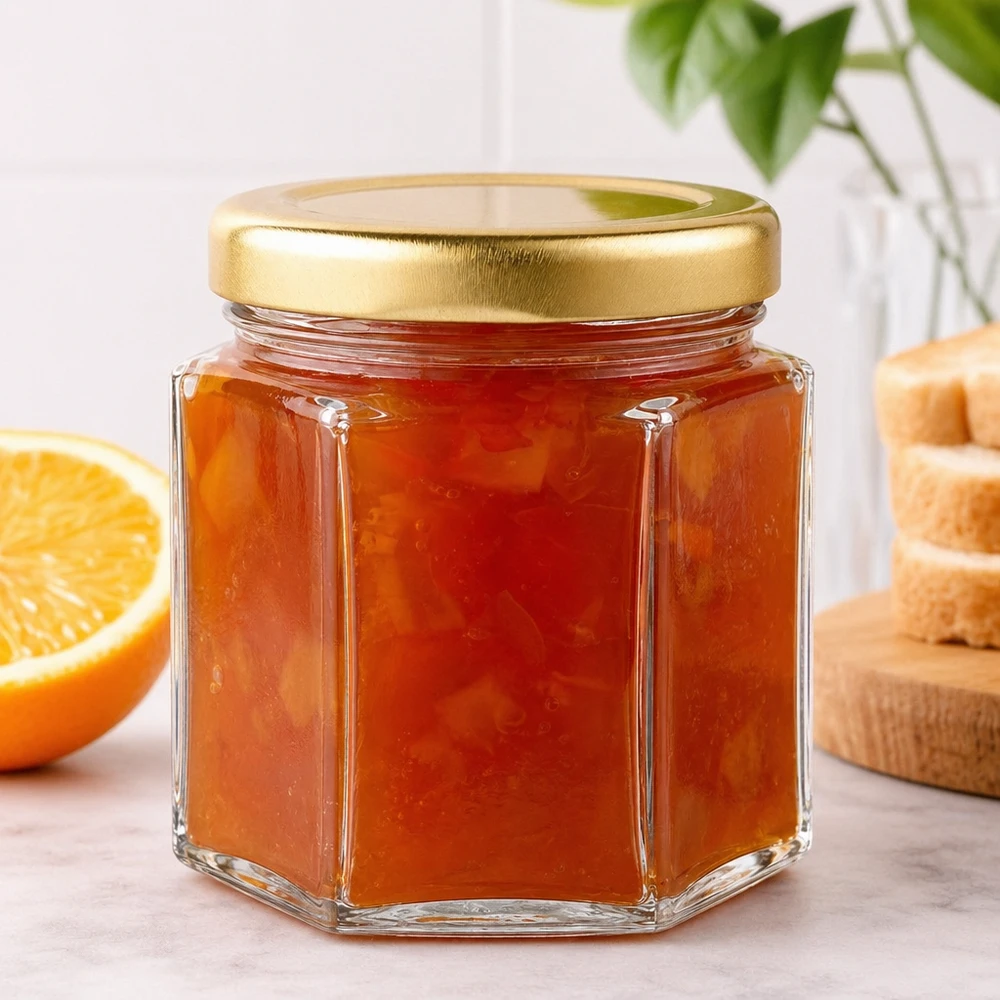 60 g honningglas med gyldent låg BasicSeal UNiTWIST 60 g honningglas sekskantet fyldt med appelsinmarmelade ved siden af appelsinskiver og ristet brød