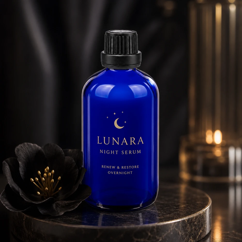 Apoteksflaske blå 100 ml skruelåg sort tæt OV Blå 100 ml glasflaske med sort dråbepropp som emballage til natteserum