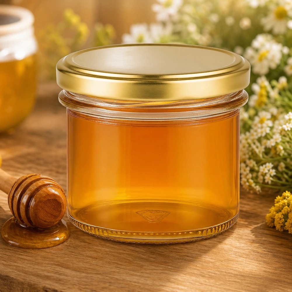125 ml Briller med BasicSeal-låg guld UNiTWIST 125ml Sturzglas gefüllt mit goldgelbem Honig neben Honiglöffel und Blumen - perfekt für Imkerei und Geschenke