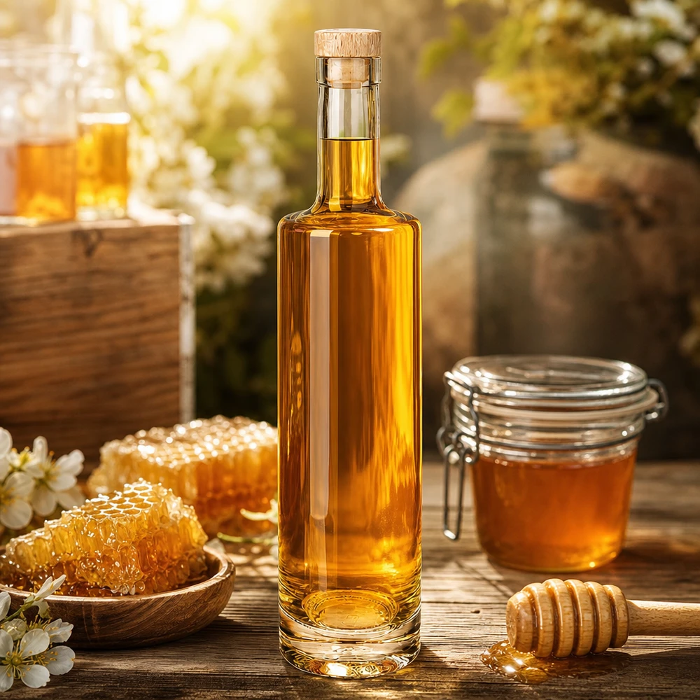 500 ml glasflaske »Lina« med træhåndtag UNiTWIST® Glasflasche Lina 500ml mit Honig befüllt neben Bienenwaben und Honigglas rustikale Küchendeko mit Holzkorken