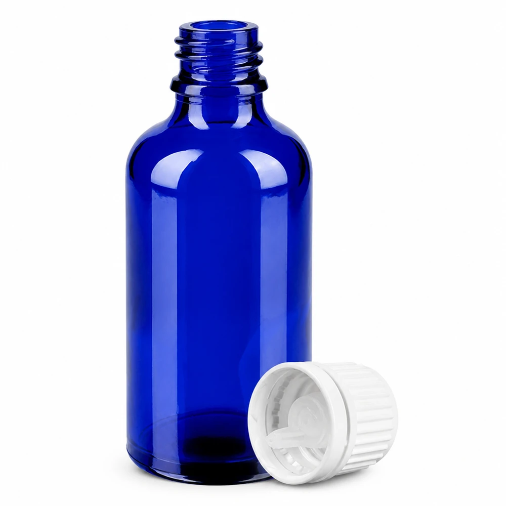50 ml Dropperflaske 0,7 mm hvid OV BlueLine UT18/50 50 ml dråbeflaske af højkvalitetsglas i koboltblå med dråbeåbning på 0,7 mm UT18/50