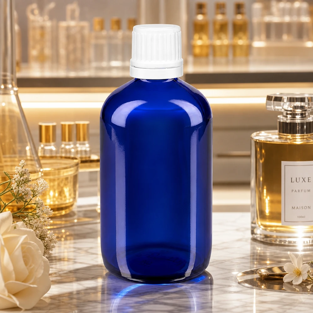 Blå 100 ml apotekerflaske af glas med hvid OV-prop (11 mm) på marmor ved siden af en luksusparfume