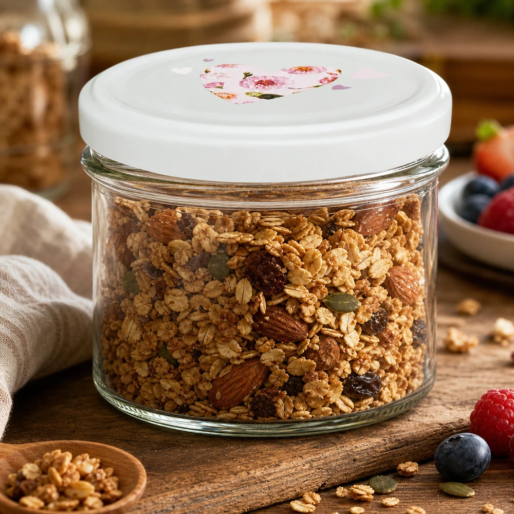 225 ml skålglas + BasicSeal låg hjerte mint UNiTWIST 225 ml mint BasicSeal-glas med låg fyldt med müsli og nødder, der holder på friskheden på en lufttæt måde
