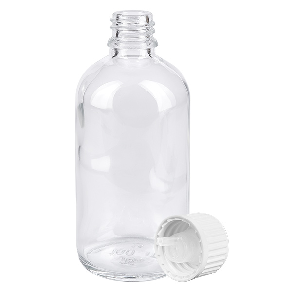 100 ml dråbeflaske 0,9 mm hvid STD ClearLine UT18/100 Tom 100 ml glasflaske med børnesikret hvid dråbeåbner (0,9 mm) fra ClearLine-serien