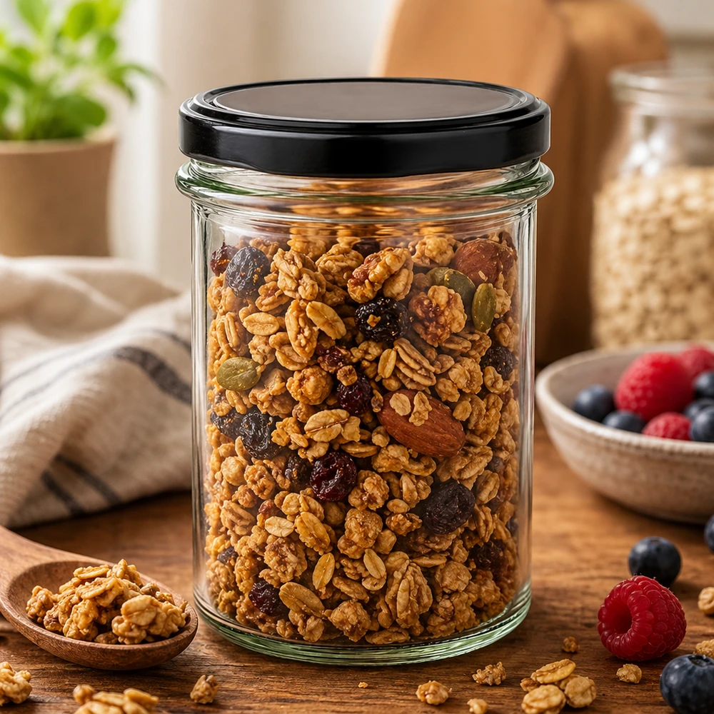 230 ml Briller med BasicSeal-låg sort UNiTWIST 230 ml sort BasicSeal-krukke fyldt med nøddemix-müsli viser alsidig opbevaring af snacks med tørret frugt