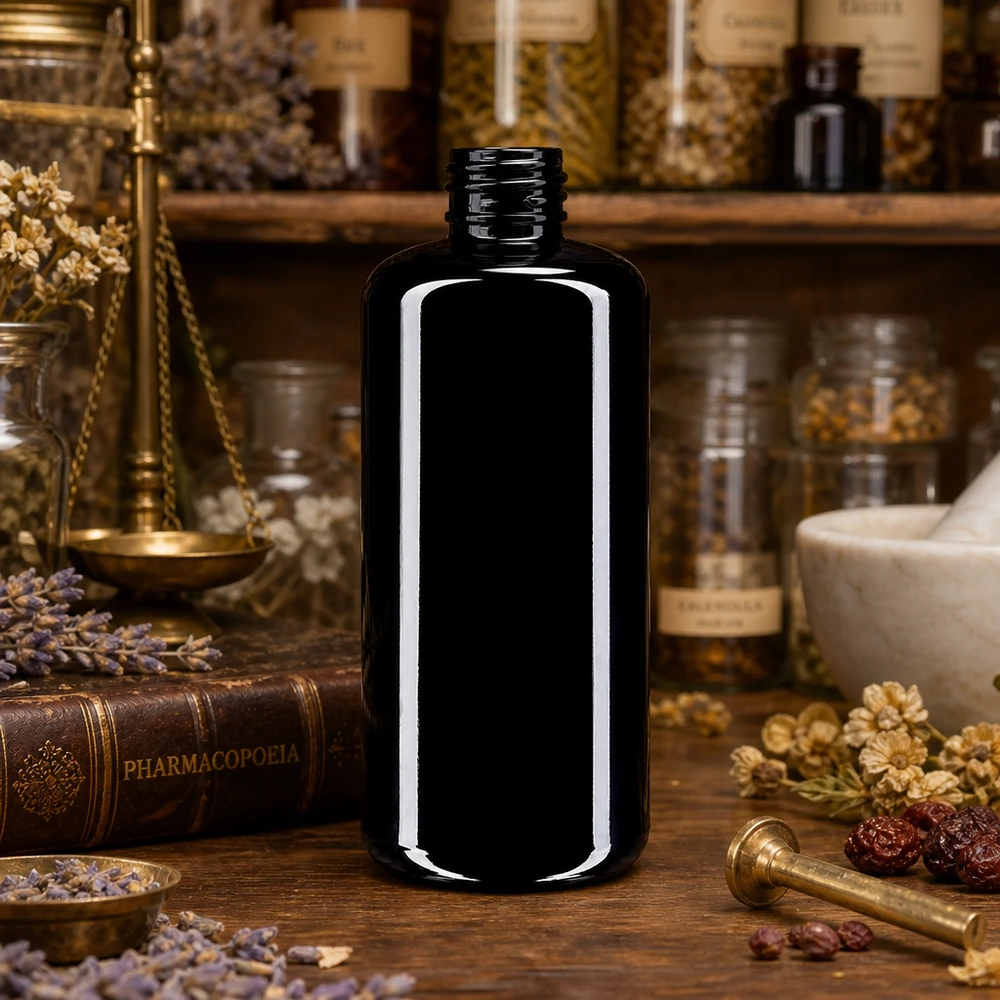 Violet glasflaske 200 ml 410/24 Premium 200 ml kosmetikflaske i violet glas Draco med slank cylinderform til professionel brug
