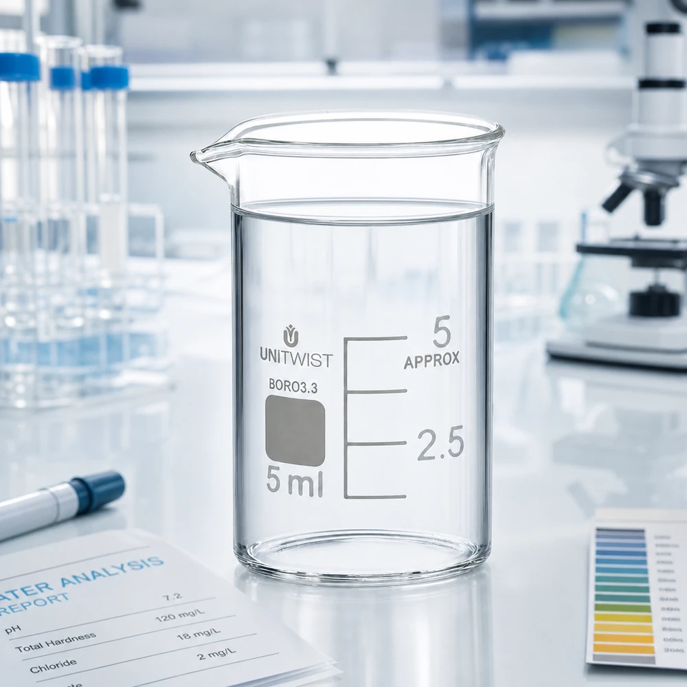 Bæger 5 ml borosilikat, lav form UNiTWIST UNiTWIST 5 ml bægerglas af borosilikatglas 3.3, lav model, med laboratorierapport om vandanalyse