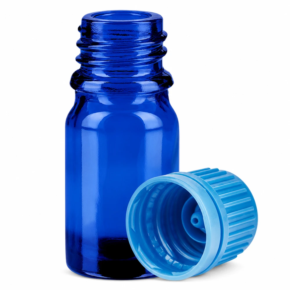 5 ml flaske 11 mm SV blå OV BlueLine UT18/5 Lille 5 ml glasflaske i koboltblå med tråd til aromaterapi og apotek
