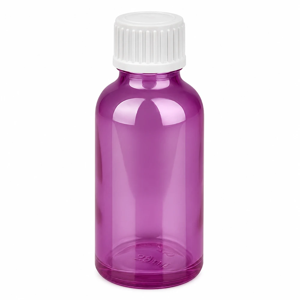 30 ml dråbeflaske 0,9 mm hvid standard PurpleLine. UT18/30 30 ml dråbeflaske i lilla med hvid hætte og 0,9 mm dråbeåbning til præcis dosering