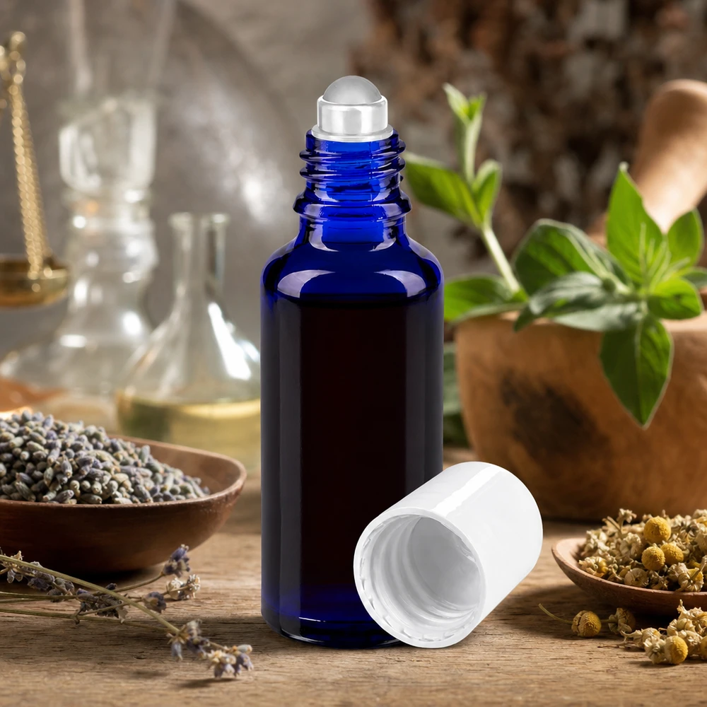 Apoteksflaske blå 30 ml roll-on-hætte hvid Blå 30 ml roll-on-flaske STD af apotekerglas med hvidt låg, omgivet af urter og lavendel