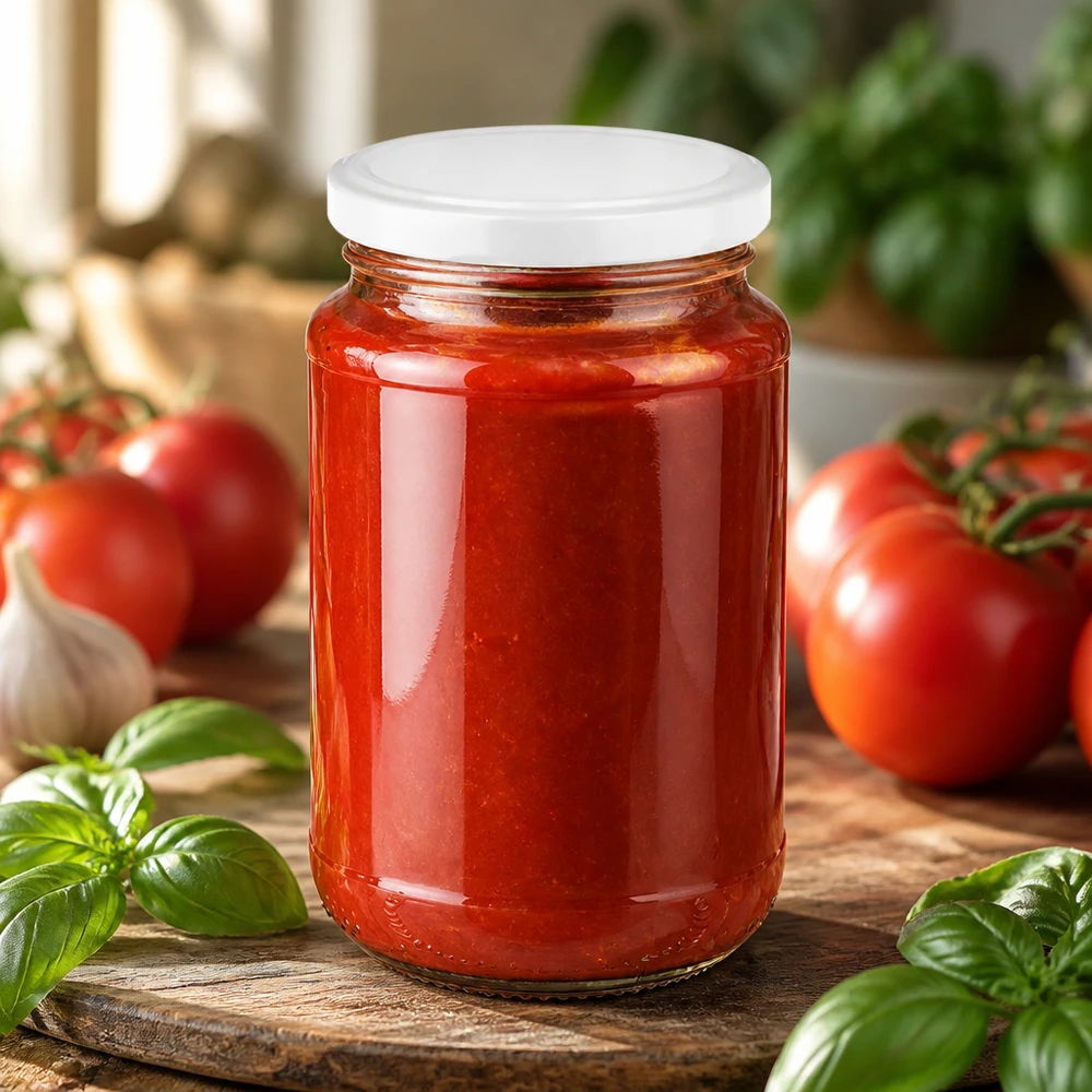 320 ml UNiTWIST rundt glas med BasicSeal-låg, fyldt med rød tomatsauce og omgivet af friske tomater