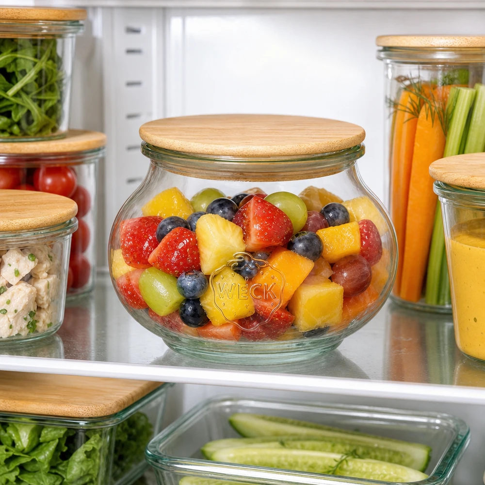 560 ml smykkekrukke WECK RR80 med trælåg WECK opbevaringsglas 560 ml RR80 med trælåg fyldt med frugtsalat i køleskabet organiseret madopbevaring