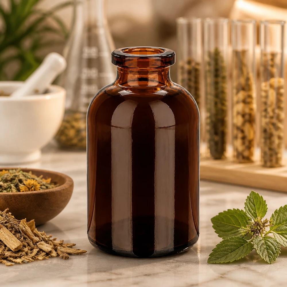 Injektionsflaske af ravfarvet glas 30 ml Injektionsflasche Braunglas 30ml für Kräuterextrakte auf Marmorunterlage mit Mörser im Hintergrund