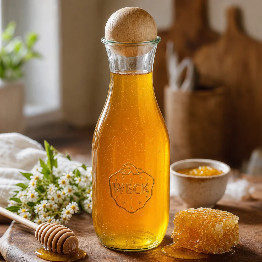 1062 ml juiceflaske WECK RR60 med trækugle bøg WECK juiceflaske 1062 ml fyldt med honning ved siden af honeycomb træhonningske og kamilleblomster på træbord