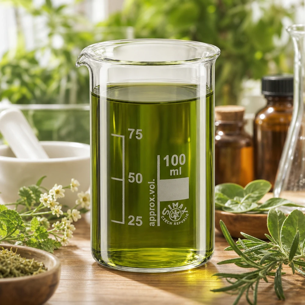 Bægerglas 100 ml borosilikatglas, høj form 100 ml begerglas i høj form med grønt urteekstrakt omgivet af friske lægeurter