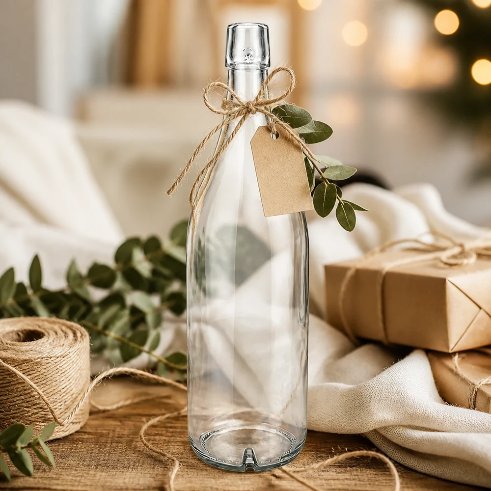 1000 ml glasflaske uden skruelåg UNiTWIST 1000 ml glasflaske UNiTWIST tom dekoreret med jutesnor og gavemærke som en gaveidé på en træbase