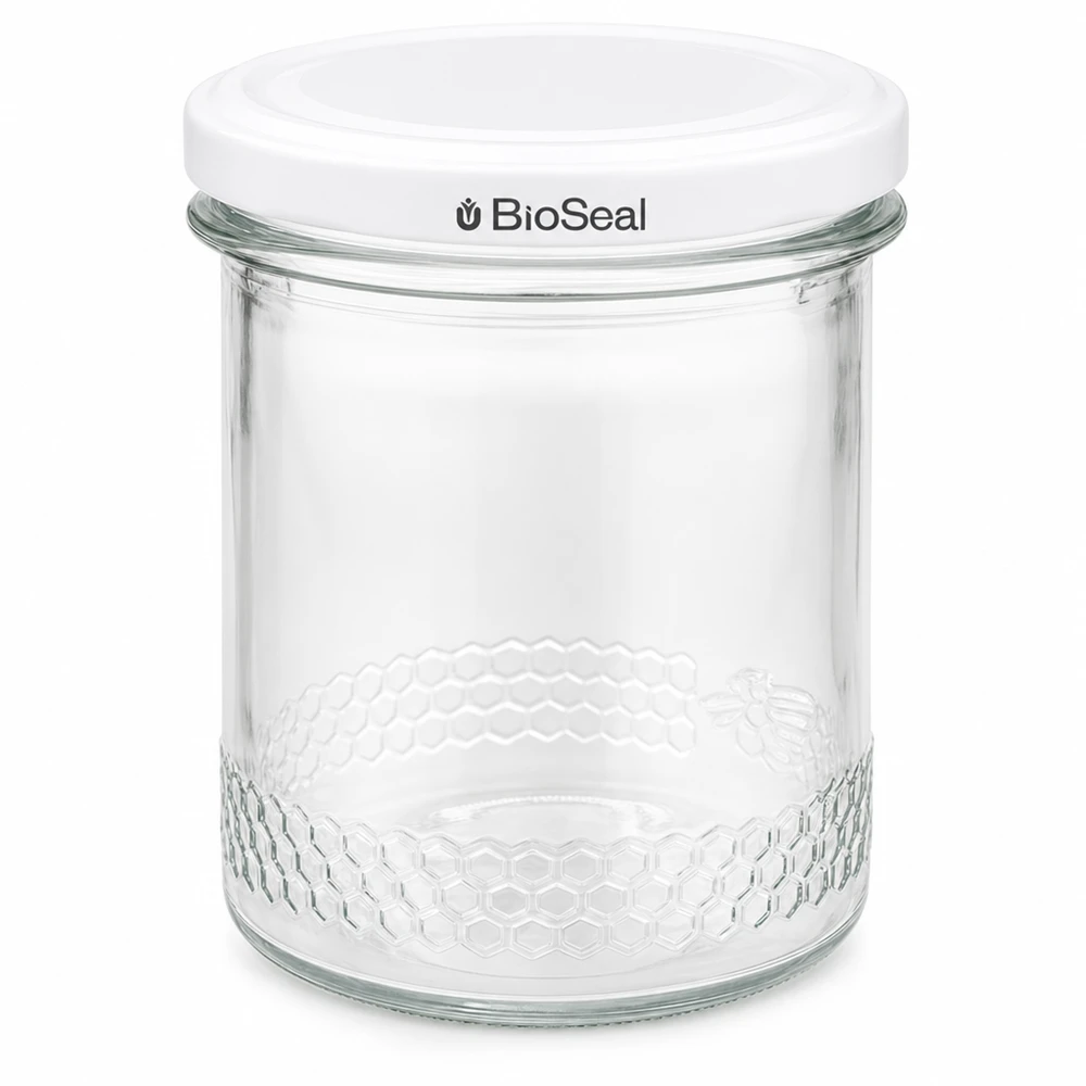 560 g honningglas med hvidt BioSeal UNiTWIST-låg 400 ml honningkrukke med hvidt BioSeal-låg UNiTWIST konserveringskrukke biavlsforsyning glasemballage