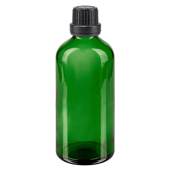 Apoteksflaske grøn 100 ml skruelåg sort tæt OV Apoteksflaske grøn 100 ml skruelåg sort tæt OV