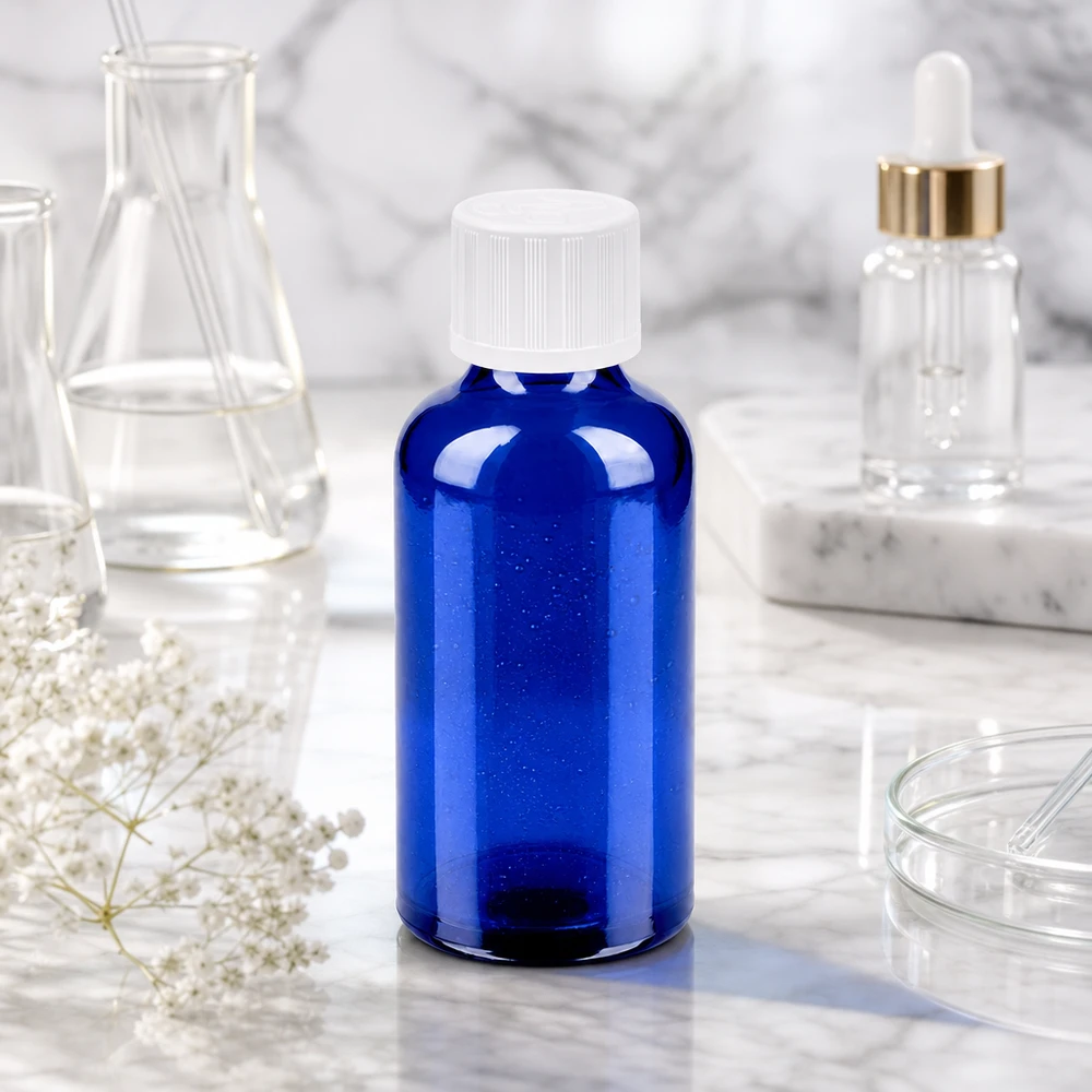 Kompakt 50 ml glasflaske med UV-beskyttelse takket være blå farve, ideel til lysfølsomme stoffer