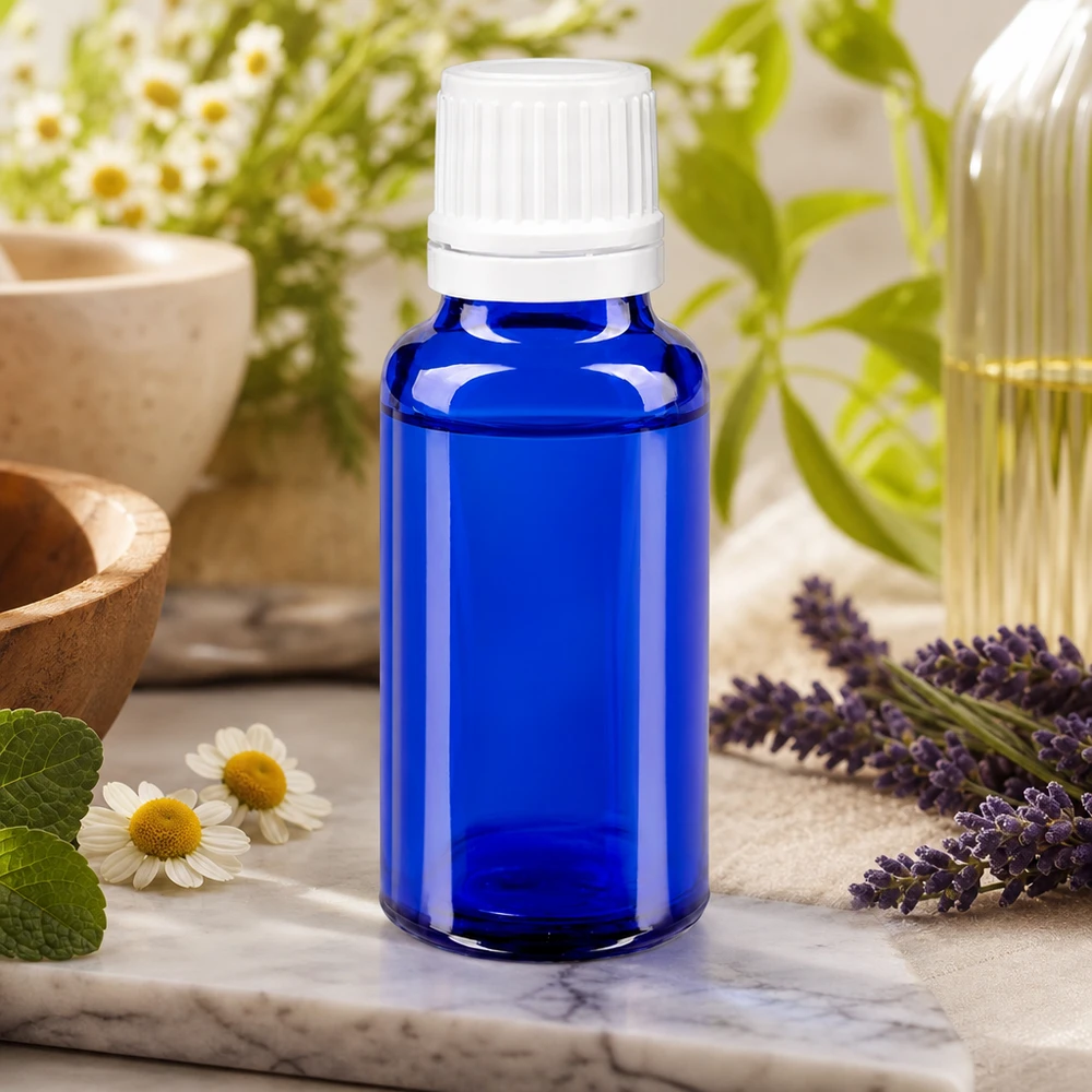 Apoteksflaske blå 20ml dryp v. 1,2 mm hvid OV Blå 20 ml flaske med hvidt dråbehoved omgivet af lavendel, kamille og friske urter