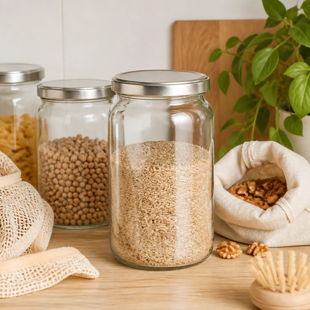 795 ml rund krukke med BasicSeal-låg sølv UNiTWIST 795ml Rundglas mit BasicSeal Deckel gefüllt mit Getreide in nachhaltiger Zero-Waste Küche mit Stoffbeuteln