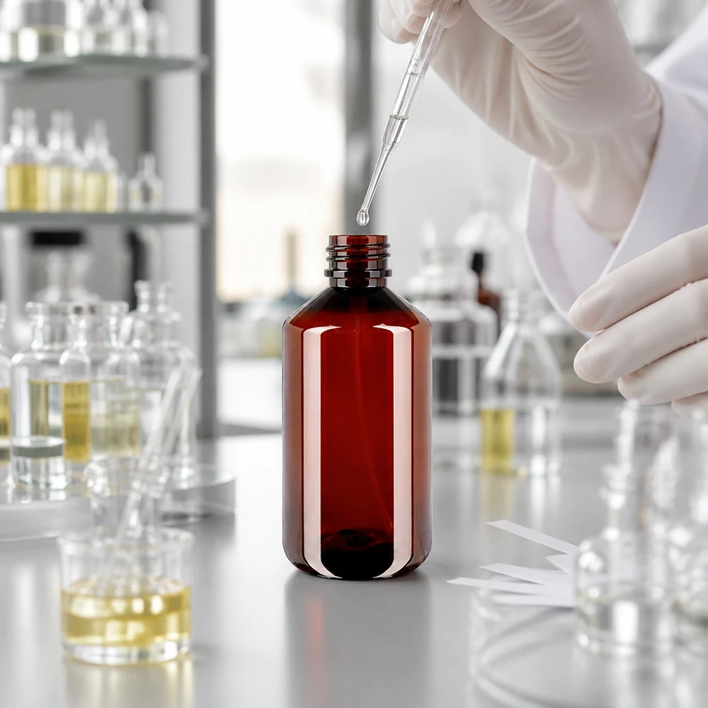En gennemsigtig pipette fylder en brun PET-flaske på 750 ml med sort forstøver i laboratoriet