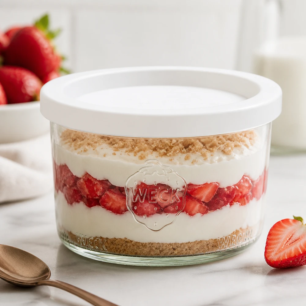 200 ml Briller med friskhedslåg WECK RR80 WECK 200 ml RR80-bægre med jordbærdessert og hvidt låg til desserter i glas