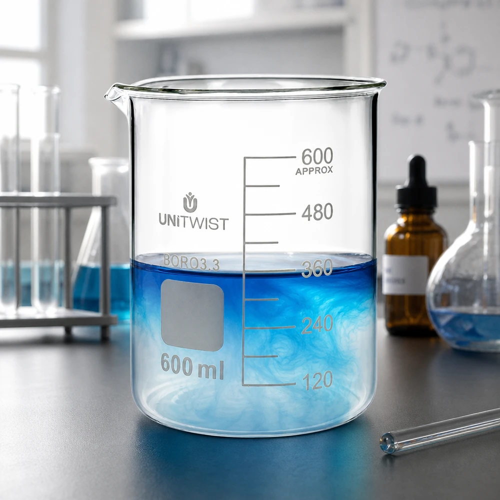 Bæger 600 ml borosilikat, lav form UNiTWIST UNiTWIST bæger, 600 ml, lav model, af Boro3.3-glas med tud, på laboratoriebordet