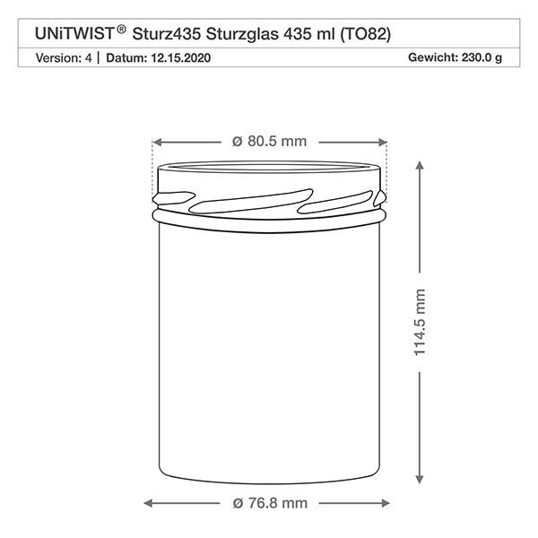 UNiTWIST Sturz435 - Briller med en kapacitet på 435 ml TO82 Teknisk tegning UNiTWIST Sturz435 konserveringsglas 435 ml med målene Diameter 80,5 mm Højde 114,5 mm TO82