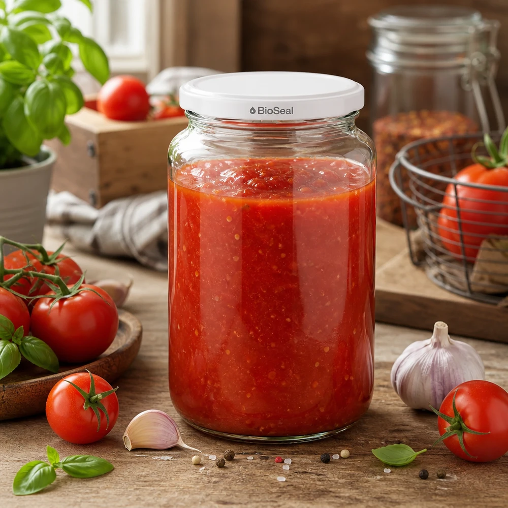 UNiTWIST Runda382 med hvidt låg TO66 BioSeal UNiTWIST Runda382 mit hausgemachter Tomatensauce - frische Pasta-Sauce im BioSeal Einmachglas für Küchen-Vorrat
