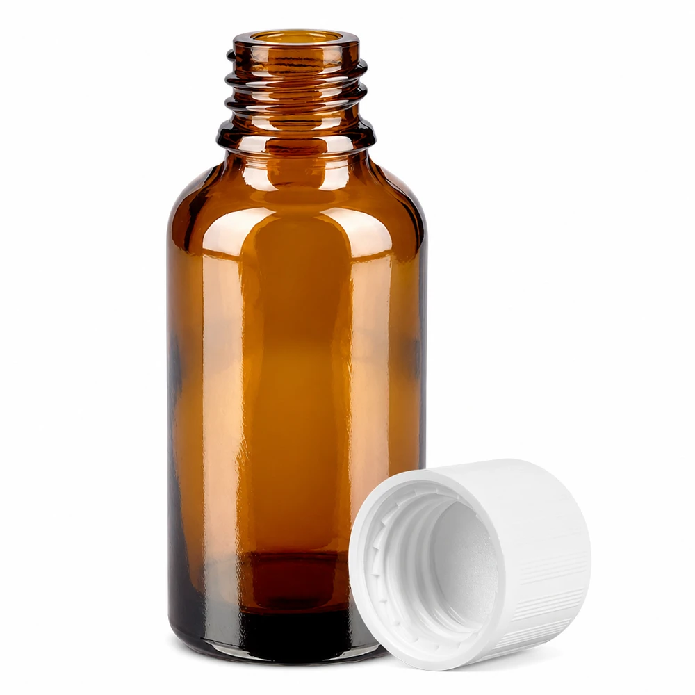 30 ml flaske 11 mm SV m. STD KiSi BrownLine UT18/30 Brun glasflaske 30 ml med 11 mm gevind og børnesikret hætte til sikker opbevaring