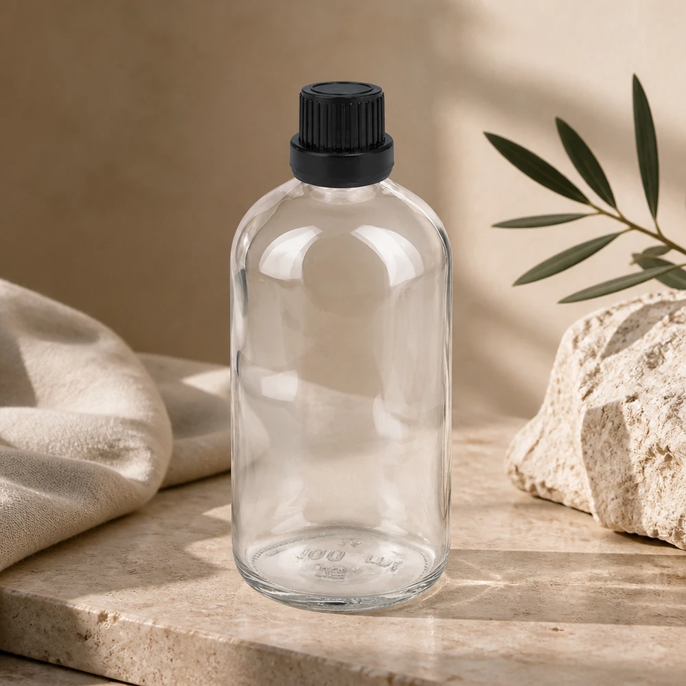 100 ml dråbeflaske 2 mm sort OV ClearLine UT18/100 Gennemsigtig 100 ml dråbeflaske af klart glas med sort originalitetsskruelåg, ClearLine-serien