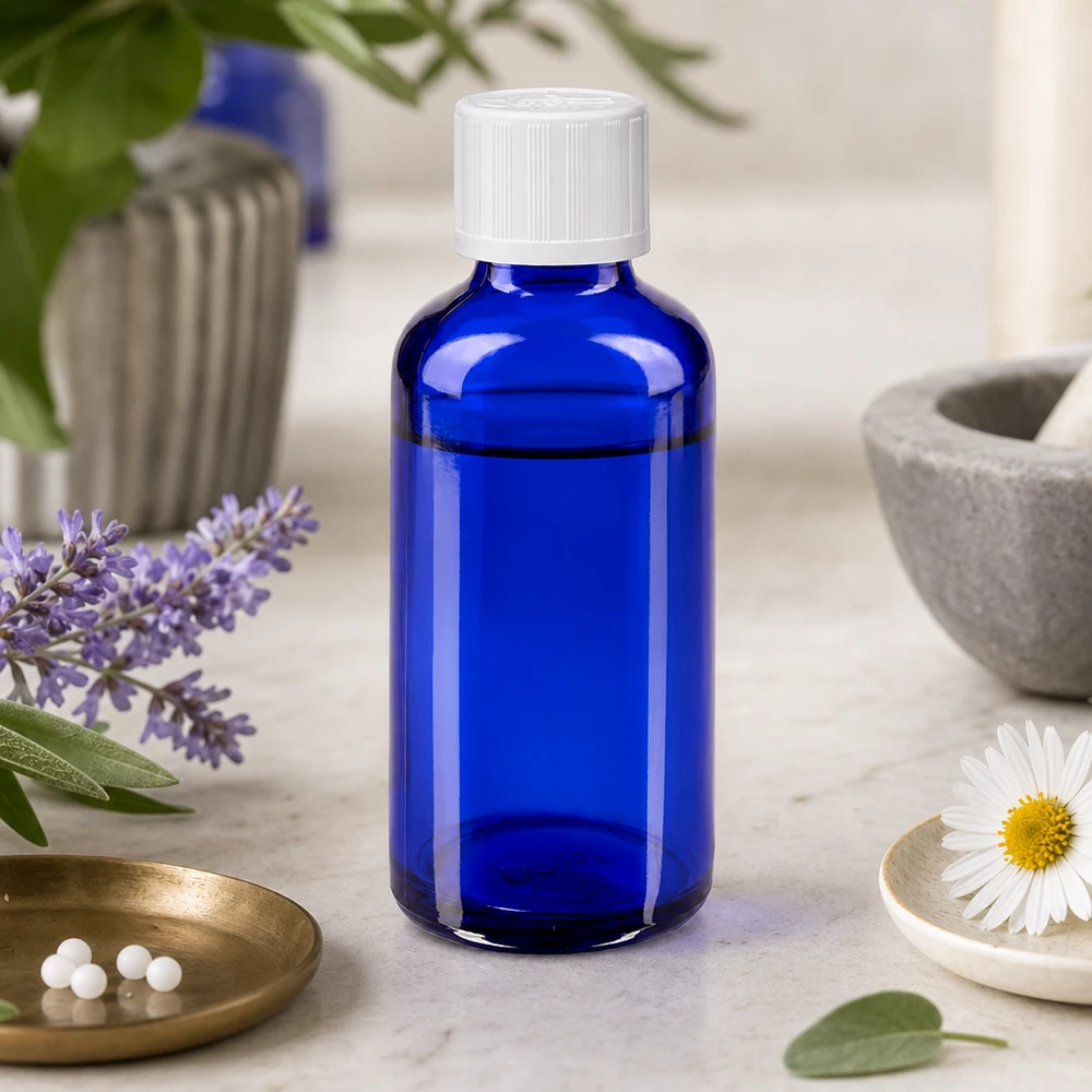 Apoteksflaske blå 50 ml skruelåg hvid KiSi St Blå 50 ml apotekerflaske med børnesikret hvid prop ved siden af kamille og lavendel