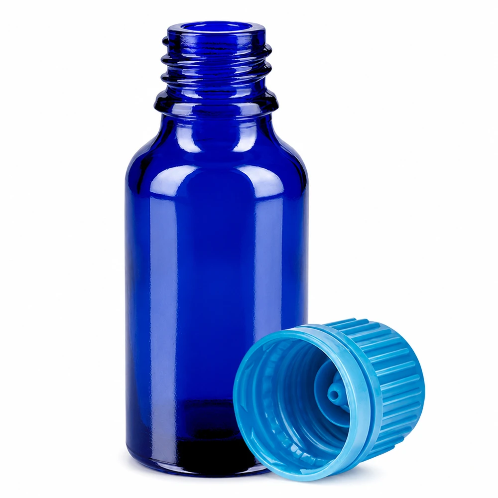 20 ml flaske 11 mm SV blå OV BlueLine UT18/20 Lille 20 ml laboratorieflaske af blåt glas med turkis hætte til præcis dosering
