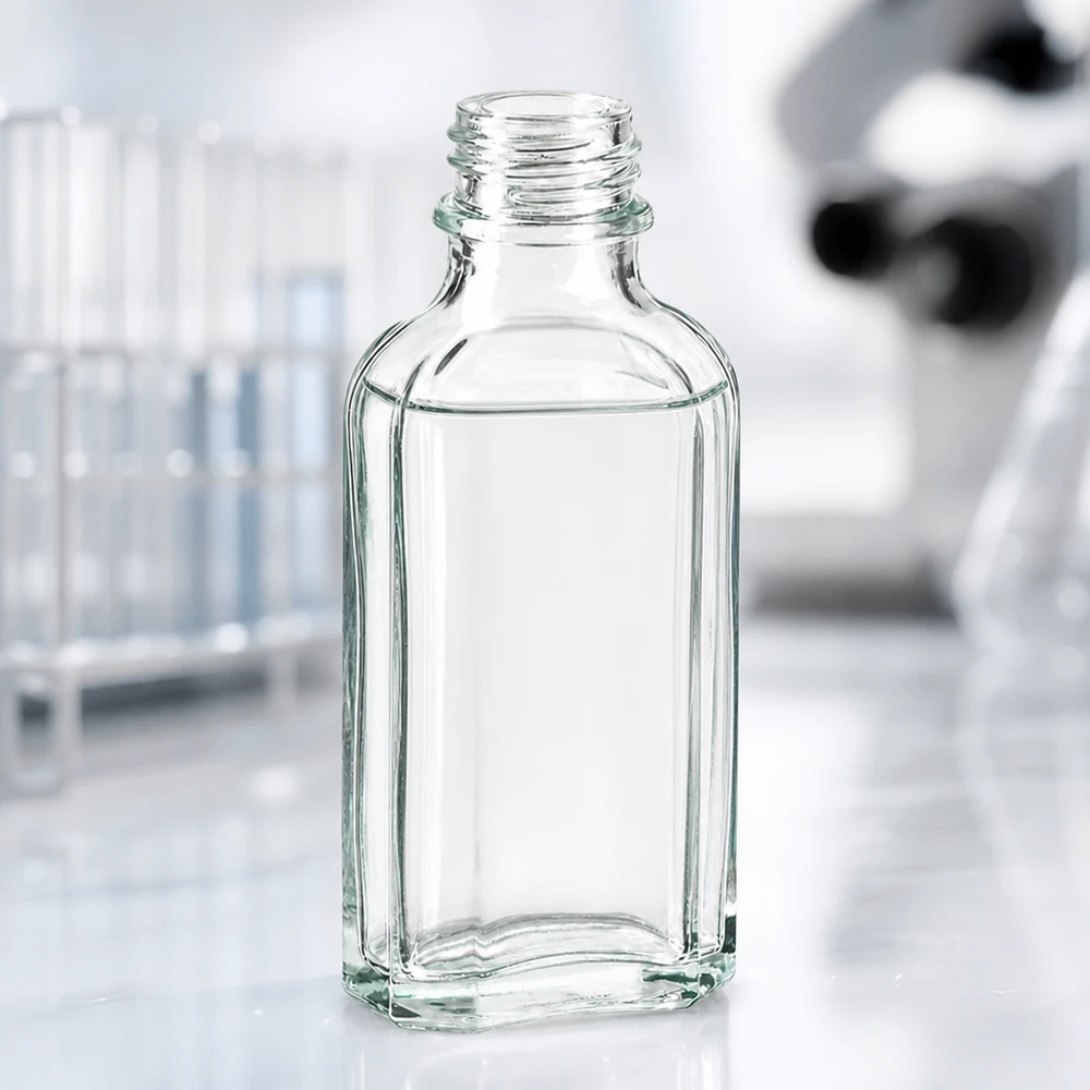 Flad, gennemsigtig 50 ml Meplat-flaske med den karakteristiske rektangulære glasform og DIN22-skruelåg