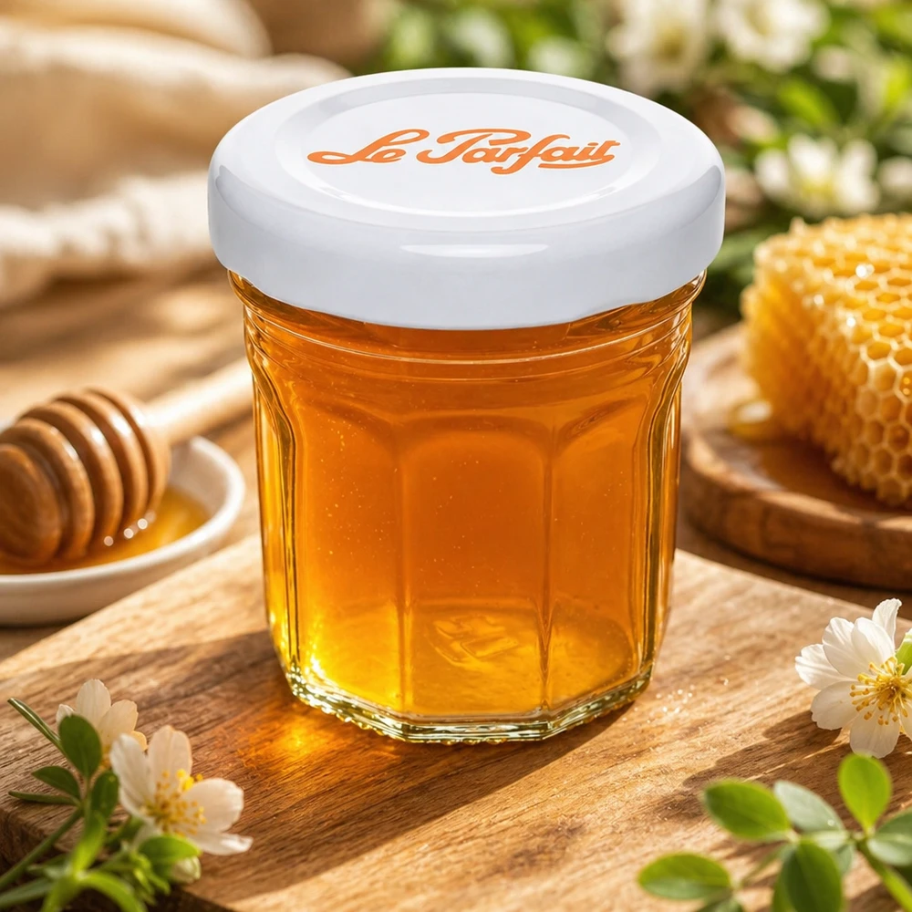 Le Parfait® Mini‑Jam 44 ml Ø48 mm glas Le Parfait minitumblere 44 ml fyldt med honning ved siden af honningkage og honningske på træbord med blomsterdekoration