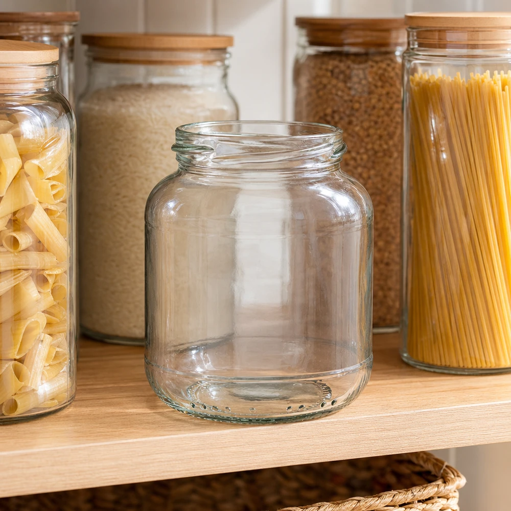 UNiTWIST Oval370 - Ovalt glas med en kapacitet på 370 ml TO66 UNiTWIST Oval370 konservesglas 370 ml tomt på træhylde mellem fyldte opbevaringsglas med pasta og kornprodukter