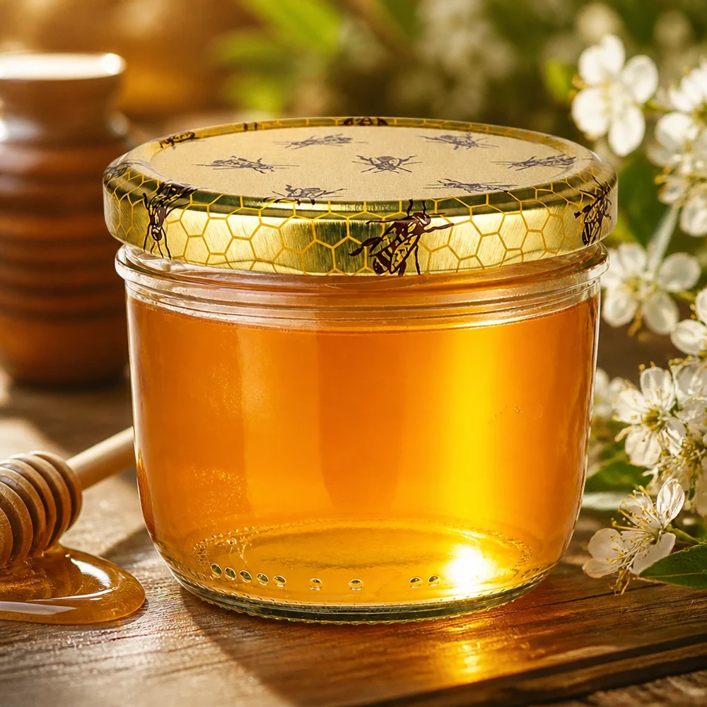 230 ml Briller + BasicSeal låg honeycomb UNiTWIST 230 ml glaskrukke med honeycomb-låg fuld af gylden honning ved siden af honningske og hvide blomster på træbord