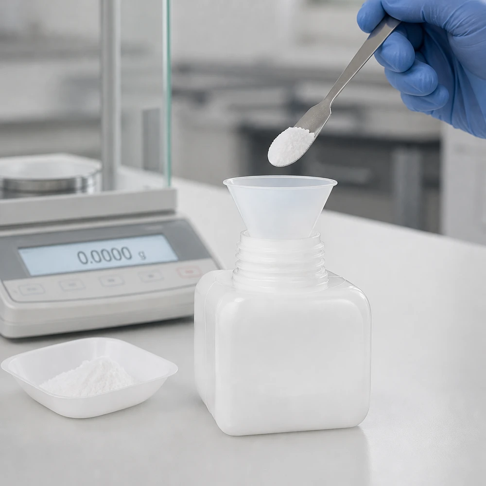 Kemikalieflaske 250 ml, bred hals fremstillet af PE-HD, naturfarve, GL 50 Kemikalieflaske 250 ml PE-HD, bredhalset laboratorietragt, pulverpåfyldning, præcisionsvægt