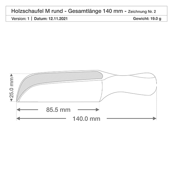 Træspade størrelse M, halvcirkelformet, 14 cm lang Detaljeret tegning af træspade M med præcise mål 85,5 mm spadebredde og 25 mm højde til køkkenbrug