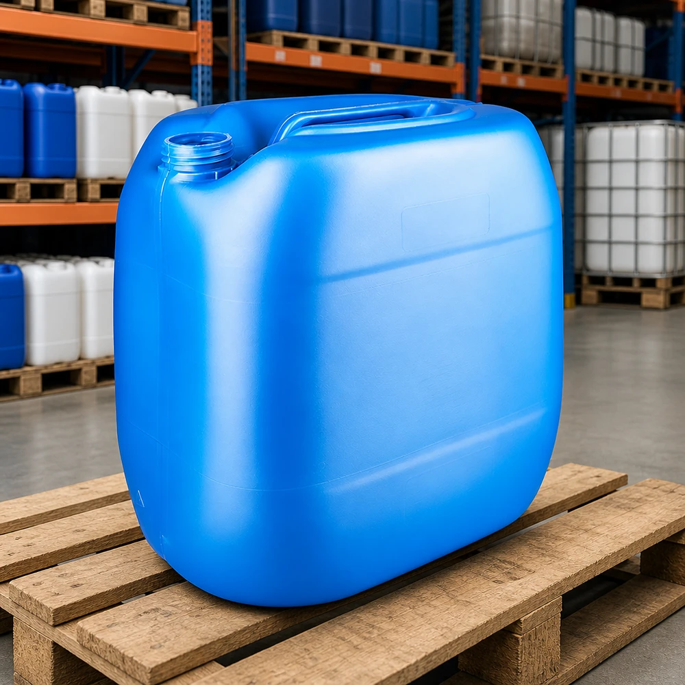 Stabelbar blå 30-liters dunk uden låg, fremstillet af HDPE, på lagerreolen